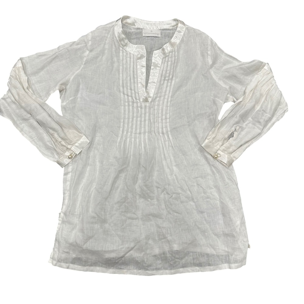 Soft Surroundings White Linen Pintuck Tunic Blouse Satin Trim Pearl Button S